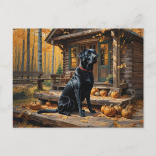 Black Labrador Retriever Log Cabin Autumn Holiday Postcard