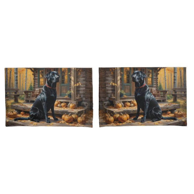 Black Labrador Retriever Log Cabin Autumn Pillowcase (Front-Set)