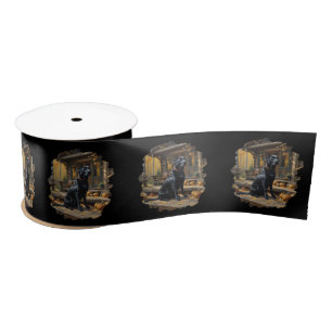 Black Labrador Retriever Log Cabin Autumn Satin Ribbon