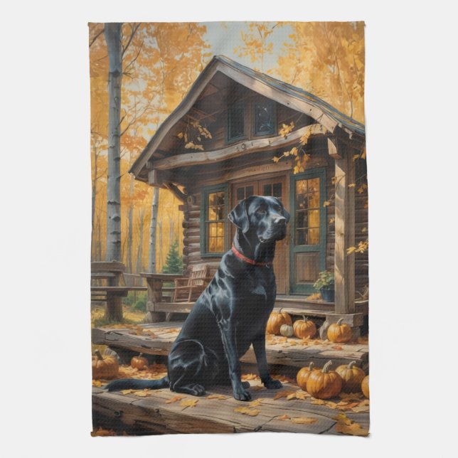 Black Labrador Retriever Log Cabin Autumn Tea Towel (Vertical)