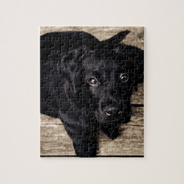 Black Labrador Retriever Puppy on Wood Jigsaw Puzzle (Vertical)