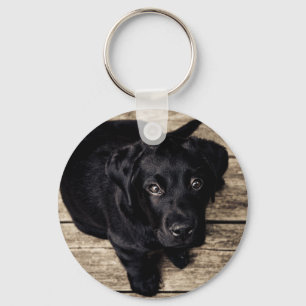 Black Labrador Retriever Puppy on Wood Key Ring