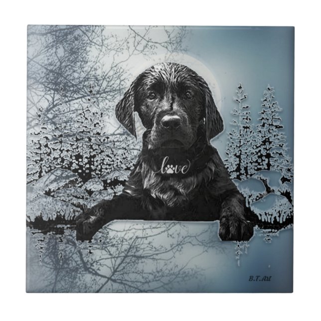 Black Labrador Retriever  puppy  T-Shirt Throw Pil Tile (Front)