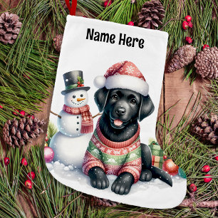 Black Labrador Retriever & Snowman Puppy Dog Large Christmas Stocking