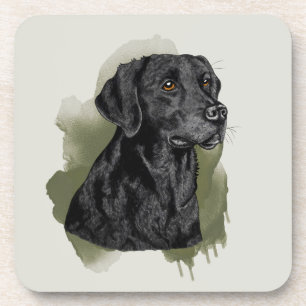 Black Labrador Retriever Watercolor Art On Green Coaster