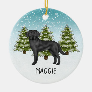 Black Labrador Retriever Winter Forest Custom Name Ceramic Tree Decoration