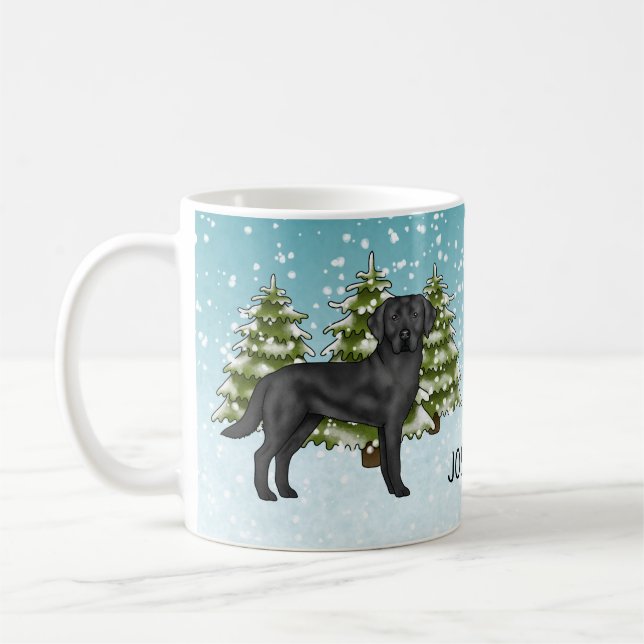 Black Labrador Retriever Winter Forest Custom Name Coffee Mug (Left)