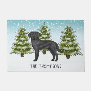 Black Labrador Retriever Winter Forest Custom Name Doormat