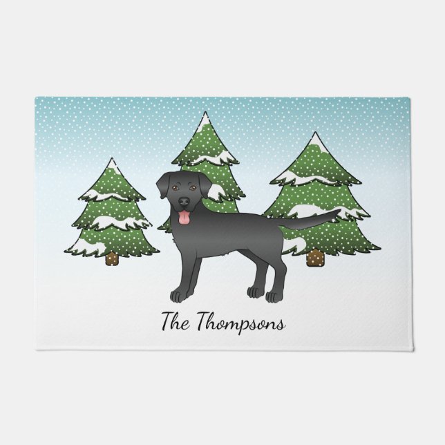 Black Labrador Retriever - Winter Forest & Name Doormat (Front)