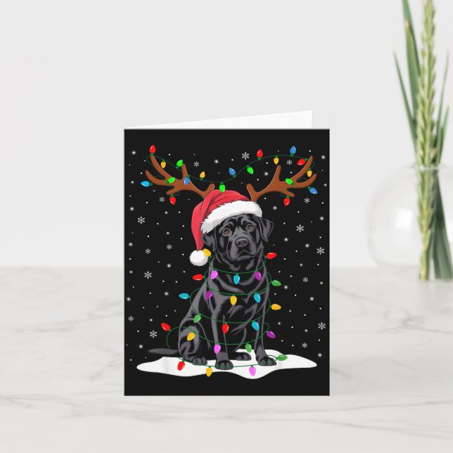 Black Labrador Santa Hat Reindeer Tree Lights Chri Card (Front)
