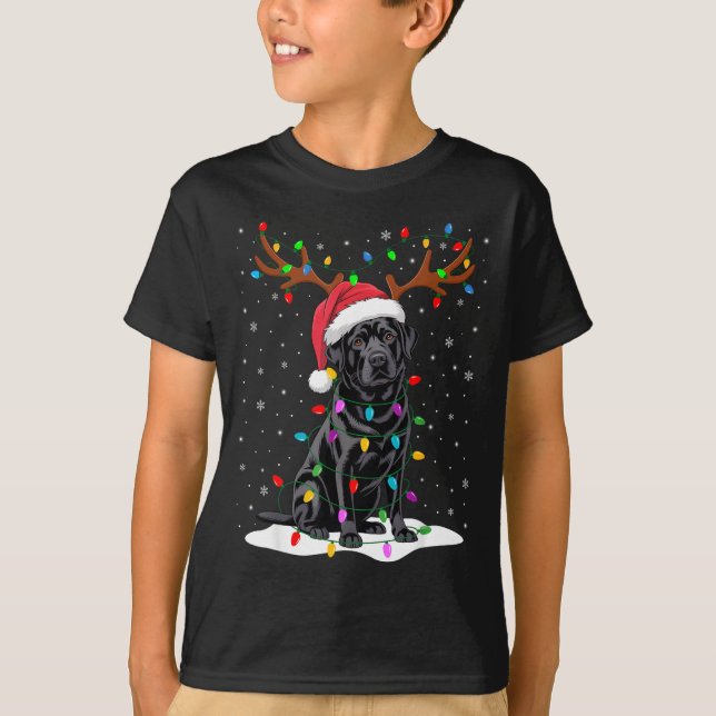 Black Labrador Santa Hat Reindeer Tree Lights Chri T-Shirt (Front)