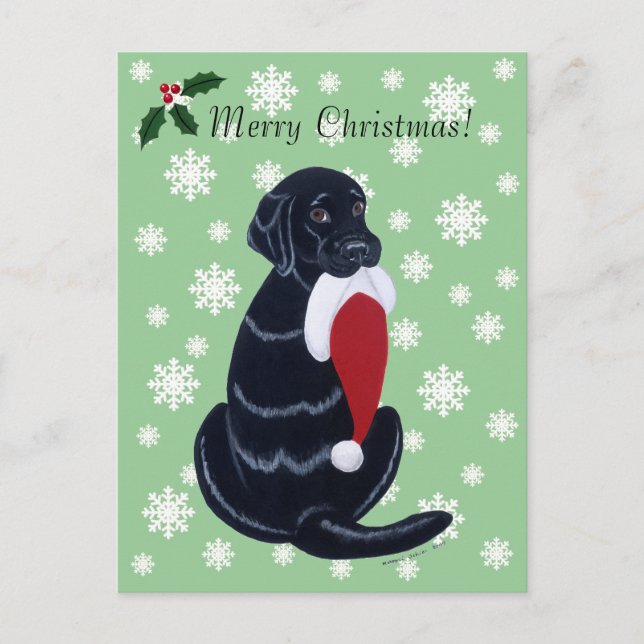 Black Labrador & Santa Hat Snowflake Christmas Holiday Postcard (Front)