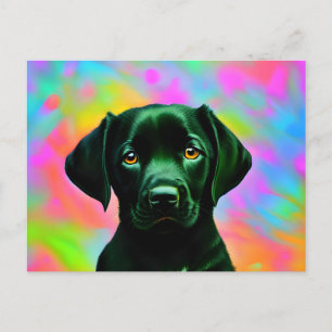 Black labrador sitting in front of a colourful postcard