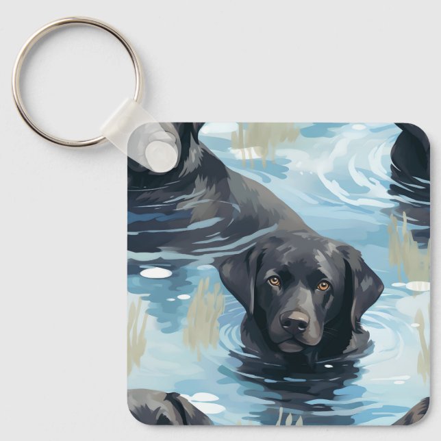 Black Labrador Swimming Pattern Key Ring (Front)
