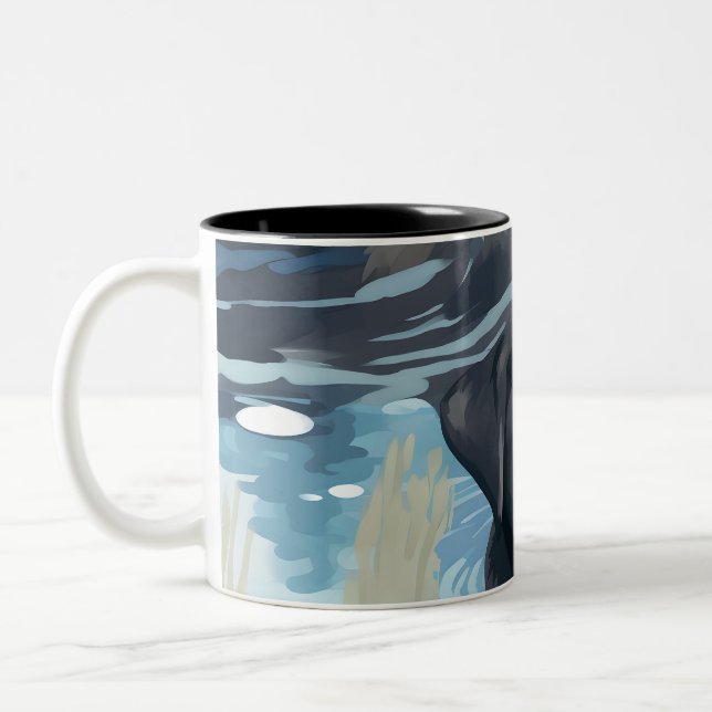 Black Labrador Swimming Pattern Two-Tone Coffee Mug (Left)