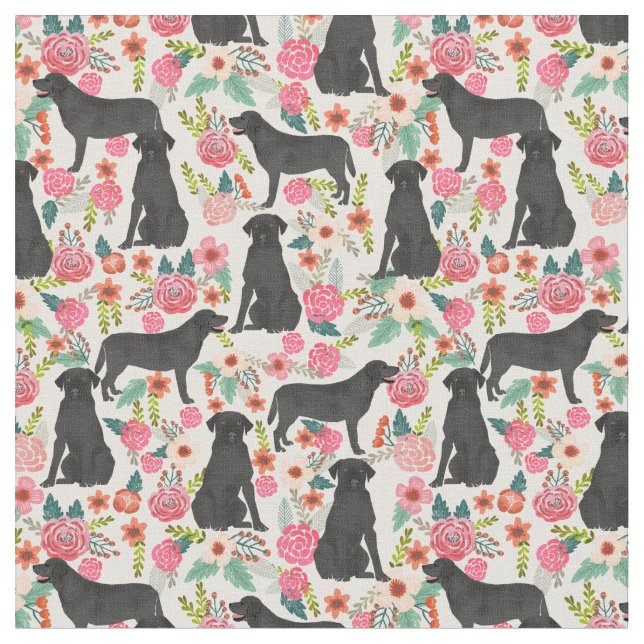 Black Labrador vintage florals cream Fabric (Close Up)