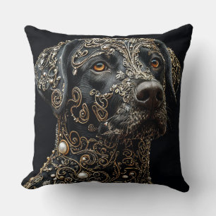 Black Labrador With Intricate Gold and Pearl Cushion