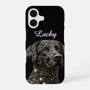 Black Labrador With Intricate Gold and Pearl iPhone 16 Case