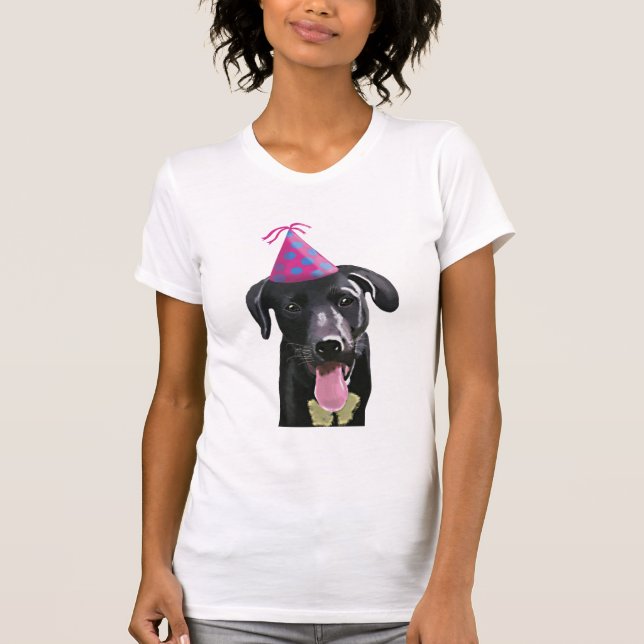 Black Labrador With Party Hat T-Shirt (Front)