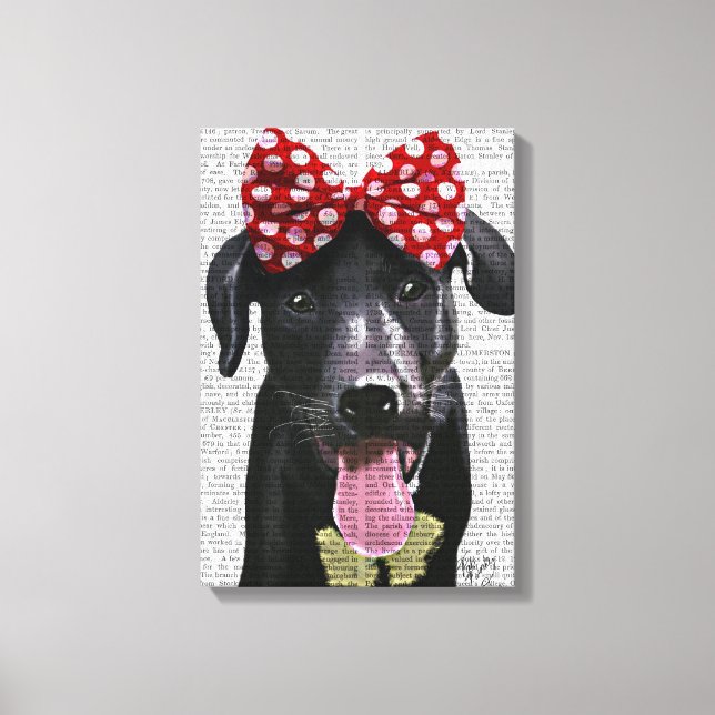 Black Labrador With Red Bow On Head Canvas Print (Front)