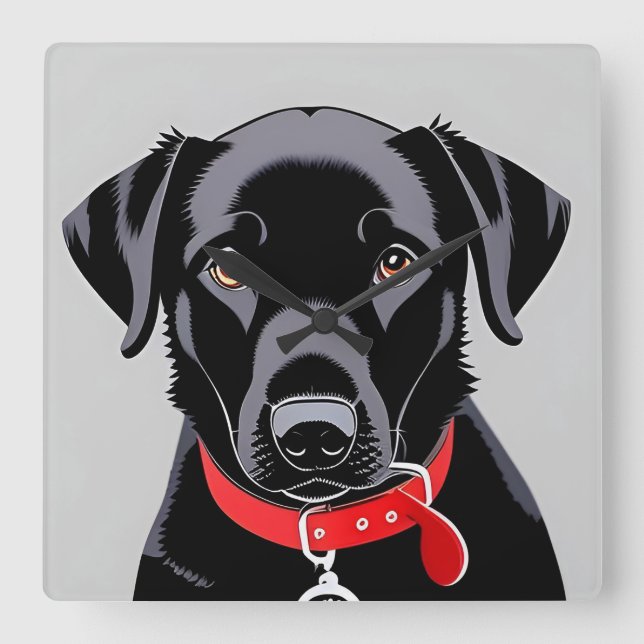 Black Labrador with Red Collar Square Wall Clock (Front)