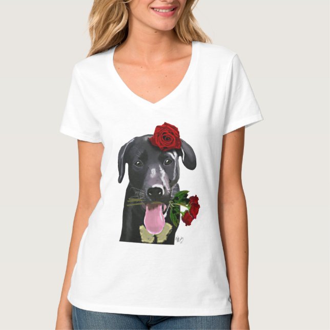 Black Labrador with Roses 2 T-Shirt (Front)