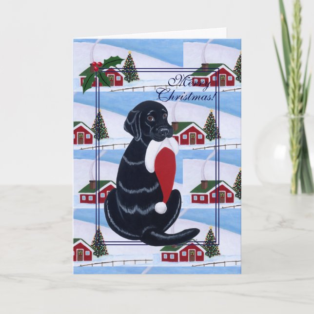 Black Labrador with Santa Hat Snow Land Holiday Card (Front)