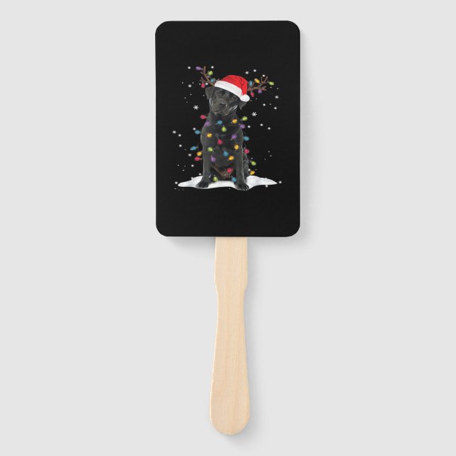 Black Labrador Xmas Dog Christmas Tree Light Class Hand Fan (Front)