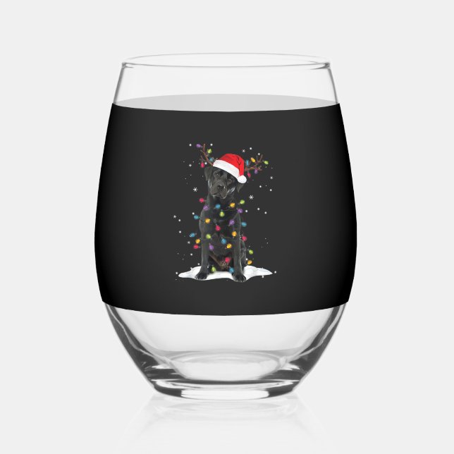 Black Labrador Xmas Dog Christmas Tree Light Class Stemless Wine Glass (Front)