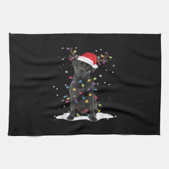 Black Labrador Xmas Dog Christmas Tree Light Class Tea Towel (Horizontal)