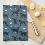 Black Labs Labrador Retrievers Navy Blue Tea Towel<br><div class="desc">Design features Black Labs wearing red bandannas with hearts and paw prints in white over a navy blue background.</div>