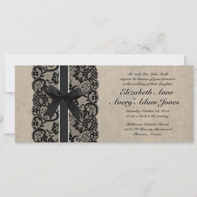 Black Lace and Burlap Wedding Invitation (Front)
