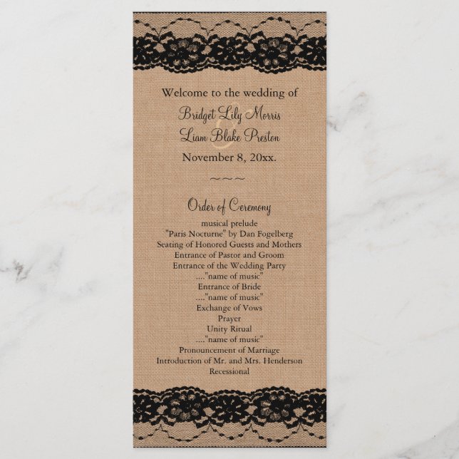 Black Lace and Burlap Wedding Program Programme (Front)