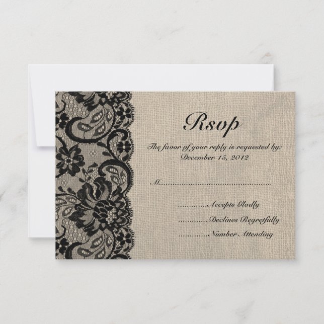 Black Lace and Burlap Wedding RSVP Card (Front)