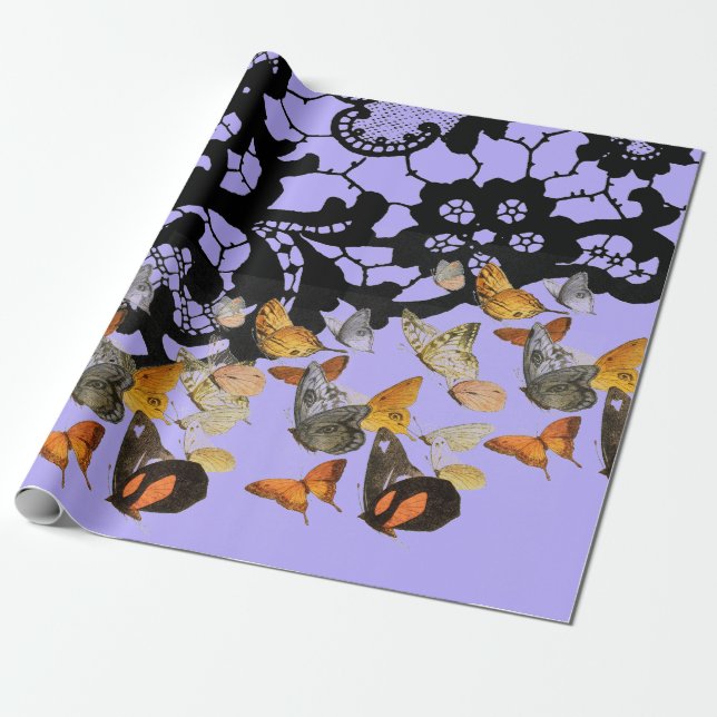 BLACK LACE AND BUTTERFLIES IN PURPLE GIFT WRAPPING PAPER (Unrolled)