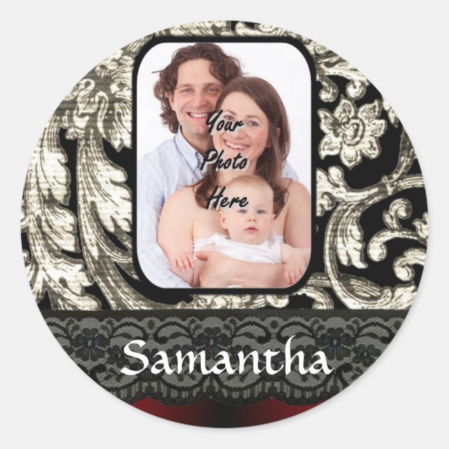 Black lace and damask classic round sticker (Front)
