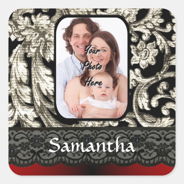 Black lace and damask square sticker (Front)