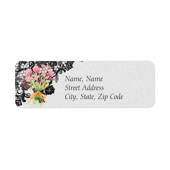 Black Lace and Floral Wedding Address Label (Front)