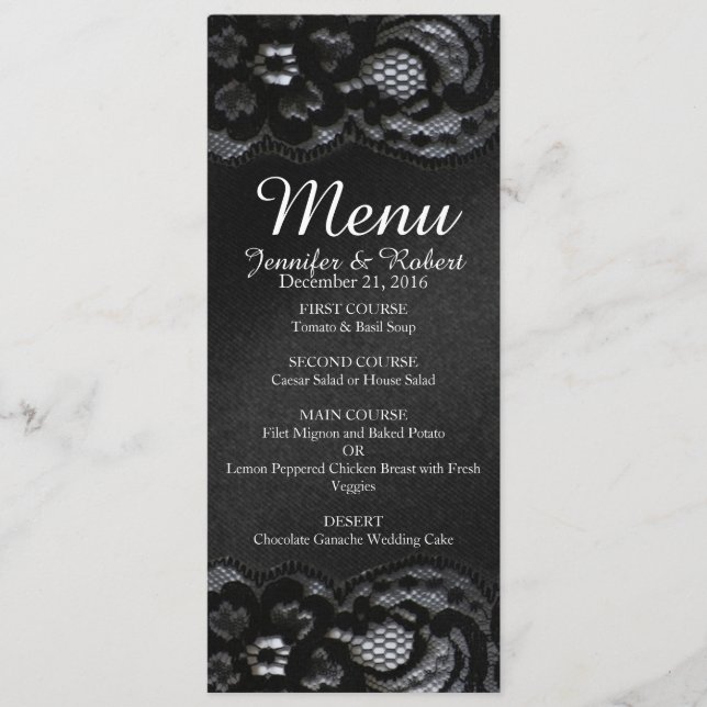 Black Lace and Satin Wedding Menu Card (Front)