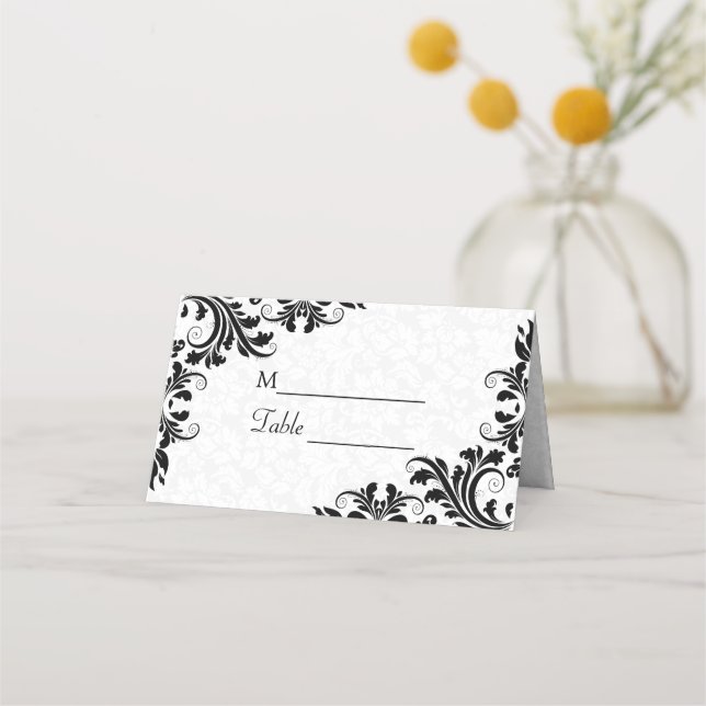 Black Lace And White Damasks Place Card (Front)
