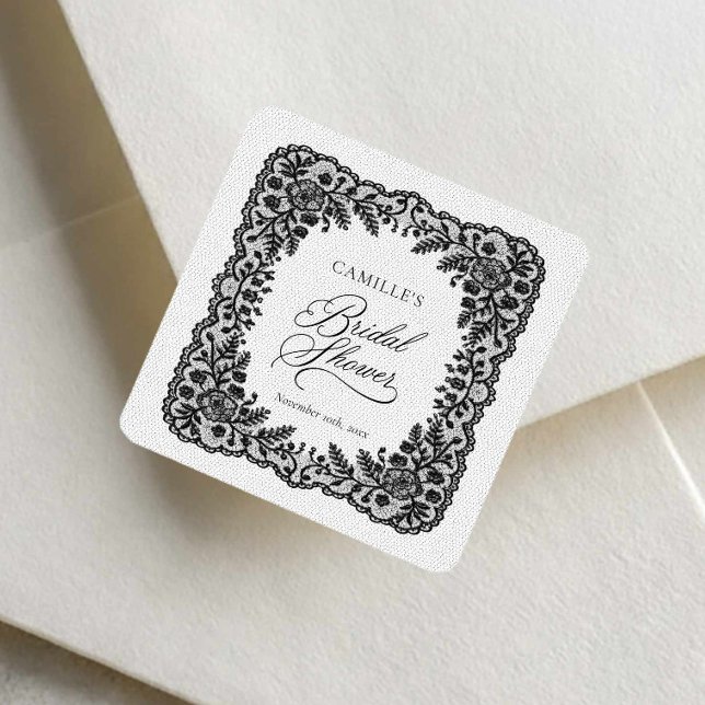 Black Lace Bridal Shower Favour Sticker (Black Lace Bridal Shower Envelope Seal)