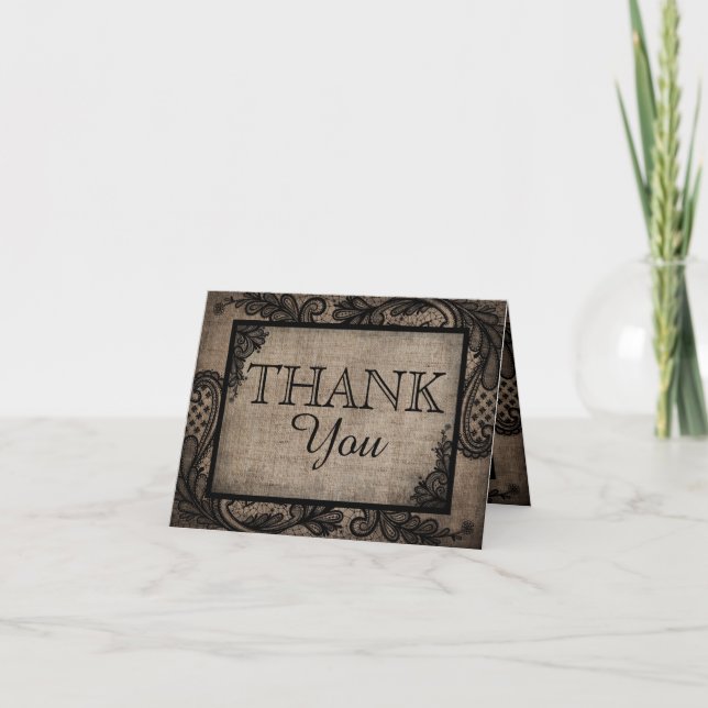 Black Lace Burlap Modern Goth Thank You (Front)