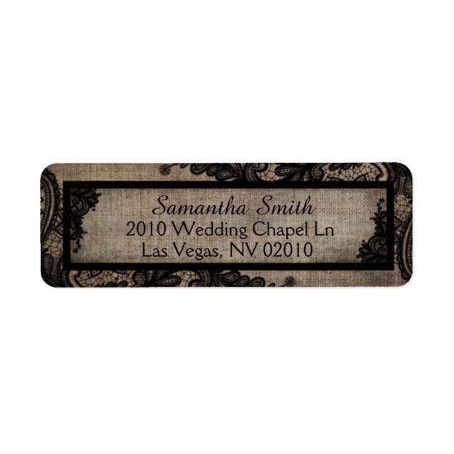 Black Lace Burlap Modern Goth Wedding Labels (Front)