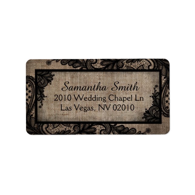 Black Lace Burlap Modern Goth Wedding Labels (Front)