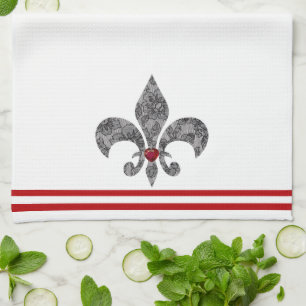 Black Lace Fleur De Lis Tea Towel