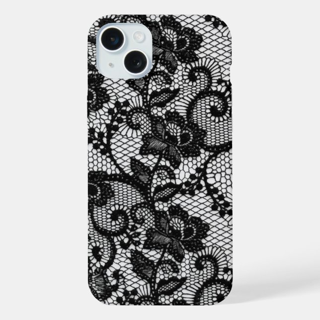 Black Lace Floral iPhone 15 Plus Case (Back)