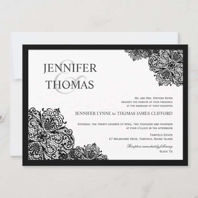 Black Lace Formal White Wedding Invitations (Front)