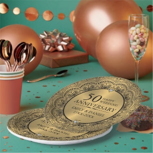 Black lace & gold 50th wedding anniversary paper plate