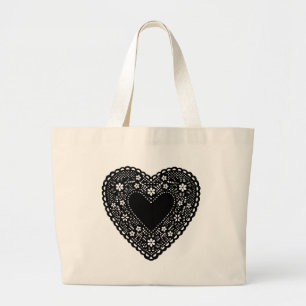 Black Lace Heart Large Tote Bag