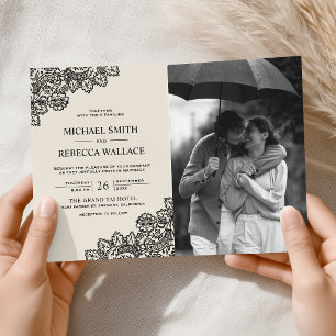 Black Lace Ivory Cream Photo QR Code Wedding Invitation